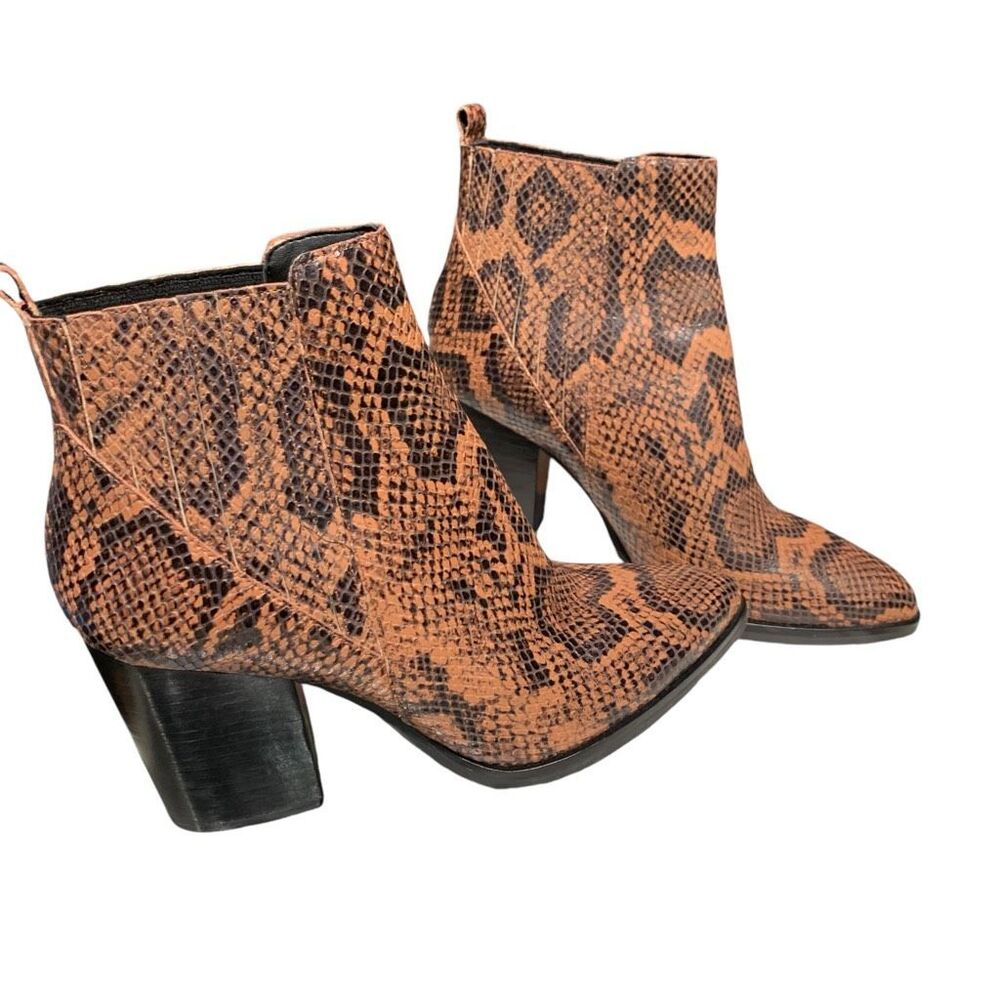 Marc Fisher Snakeskin Print Ankle‎ Boot Alva 2 Leather Block Heel Brown/Blk 8M - Picture 3 of 10